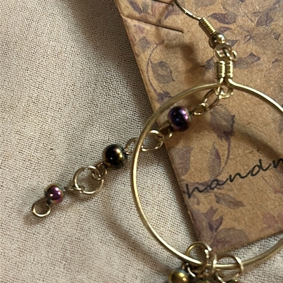 Gold Hoop Earrings with Pearlescent Bead dangle - Picture 3 of 5